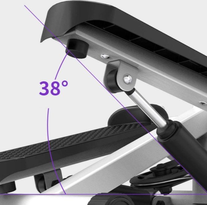 Mini Stepper vist fra siden, med synlig vinkel på 38 grader mellom bevegelige deler og detaljer av metall og plast.