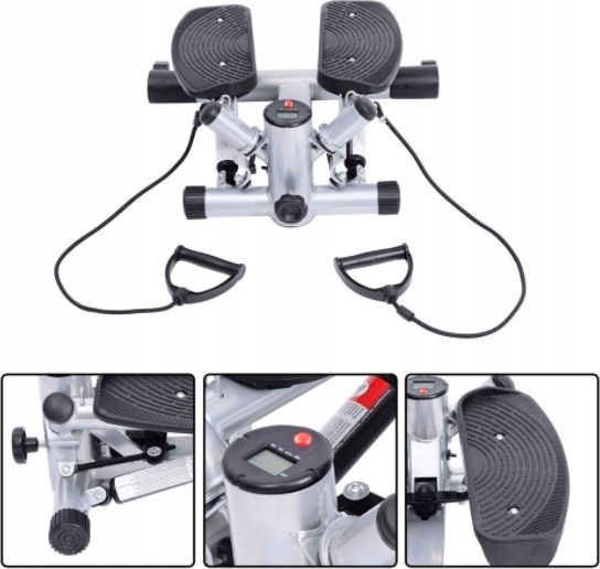 Mini Stepper i sølv og svart med LCD-skjerm, to tråkkpedaler og treningsstrikker, sett fra siden.