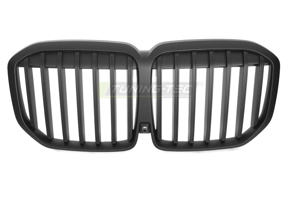 Detaljbilde av Grill X7 G07 LCI 22- matt sort med lamellstruktur og BMW-nyrer.