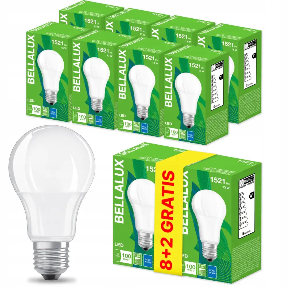 LED-pære E27 13W fra Bellalux, én løs pære foran grønne 8+2 gratis-esker med produktinformasjon.