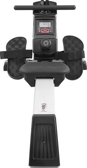 Romaskin Sammenleggbar sett ovenfra i svart og sølv, med fotpedaler, stropper, digitalt display og håndtak foran.