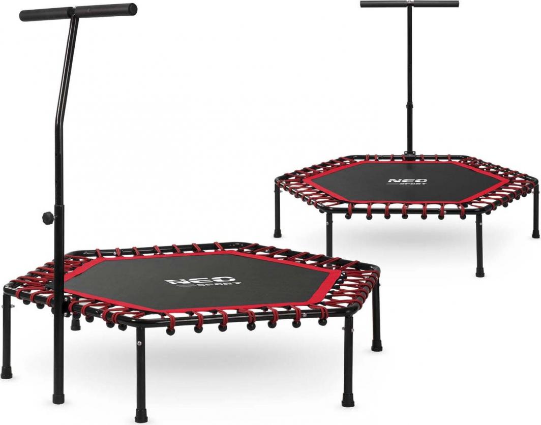 Mini Trampoline med sekskantet sort og rød ramme, justerbart T-håndtak og solide ben, sett fra siden og fronten.