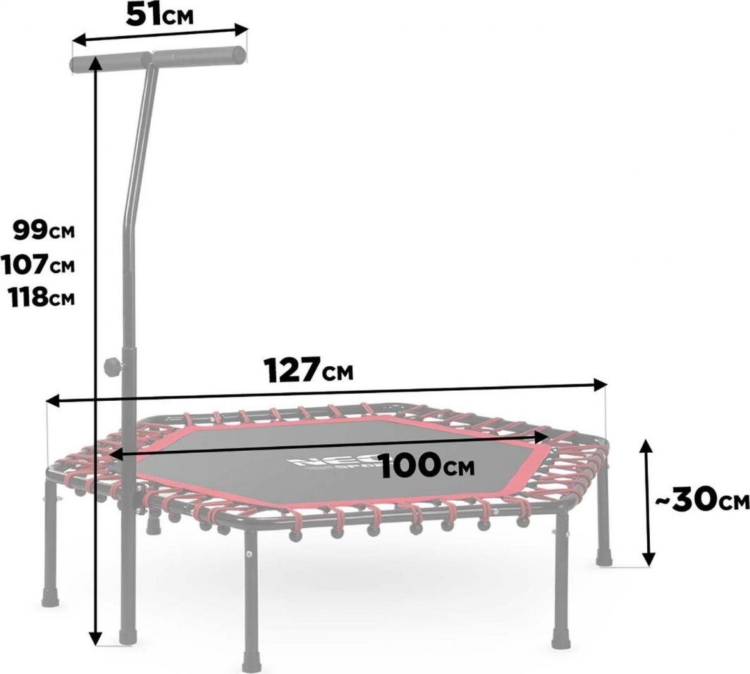 Mini Trampoline med sekskantet sort og rød ramme, justerbart håndtak og mål for høyde, bredde og diameter.
