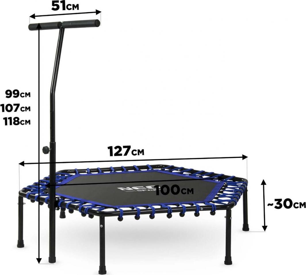 Liten Trampoline med seks bein, T-formet justerbart håndtak, svart og blå detalj, sett fra siden.