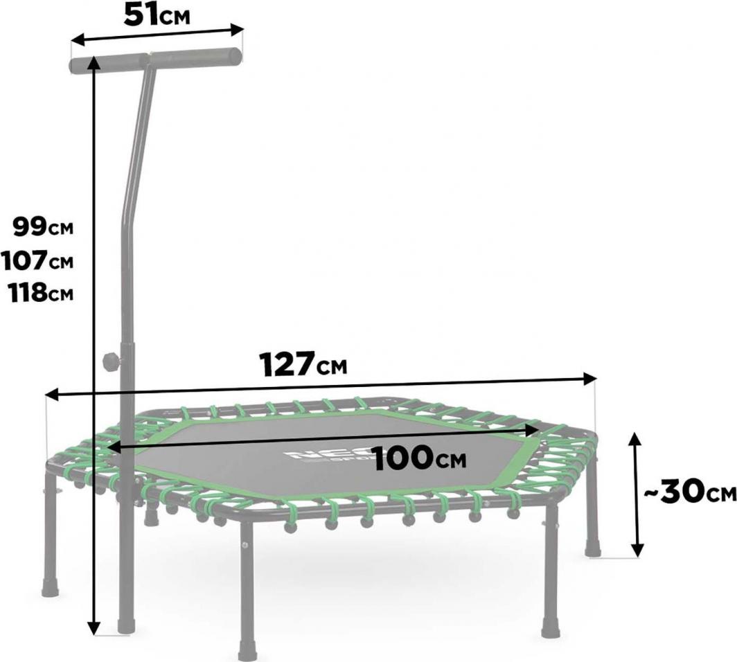 Trampoline med sekskantet sort og grønn ramme, justerbart T-formet håndtak og mål for bredde, høyde og diameter.