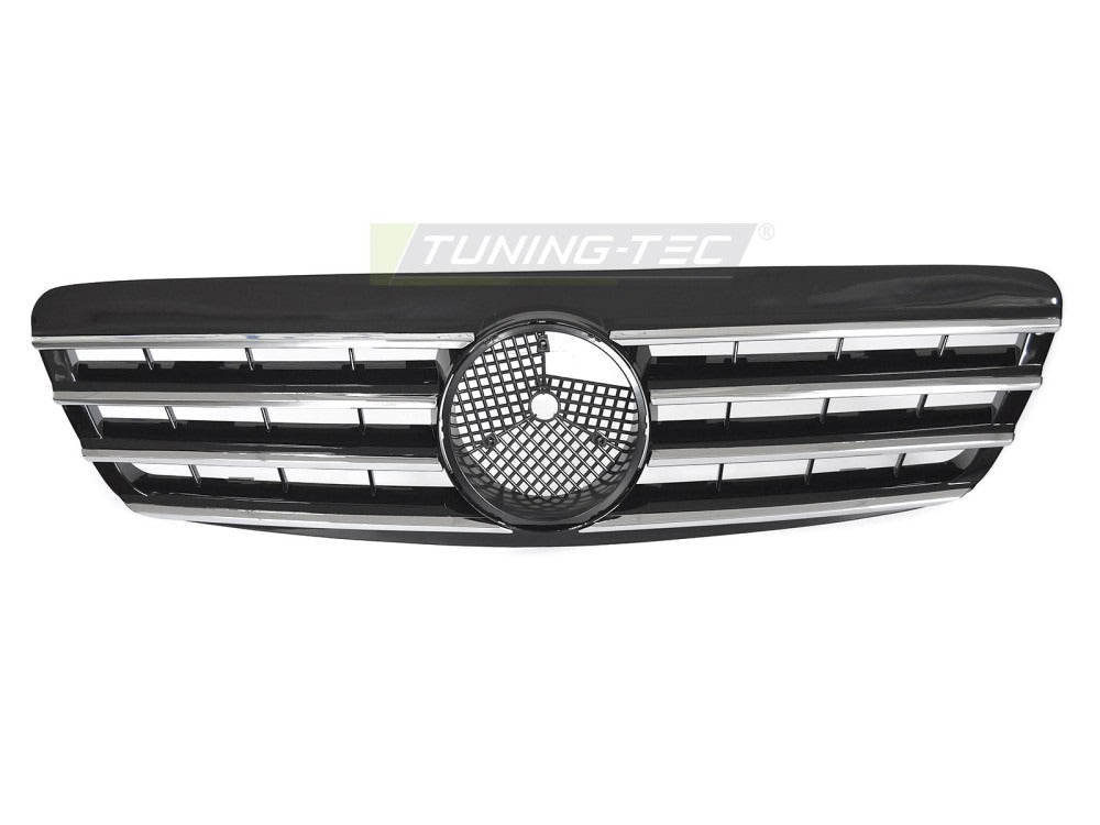 Detaljbilde av Grill S-Klasse W220 98-02 krom/sort med lamellstruktur og emblemfeste.
