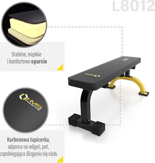 Benkpress Benk med sort, strukturert overflate, polstret sete i karbon-look og gule, stabile metallben.