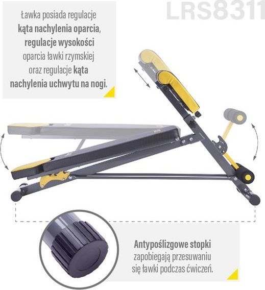 Treningsbenk i svart og gul med justerbar rygg, benstøtte og antiskli knotter, sett fra siden.