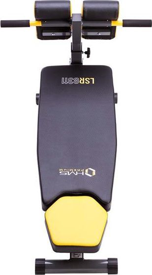 Treningsbenk Justerbar med svart og gul polstring, sett ovenfra, viser håndtak, benputer og justeringsmekanisme.