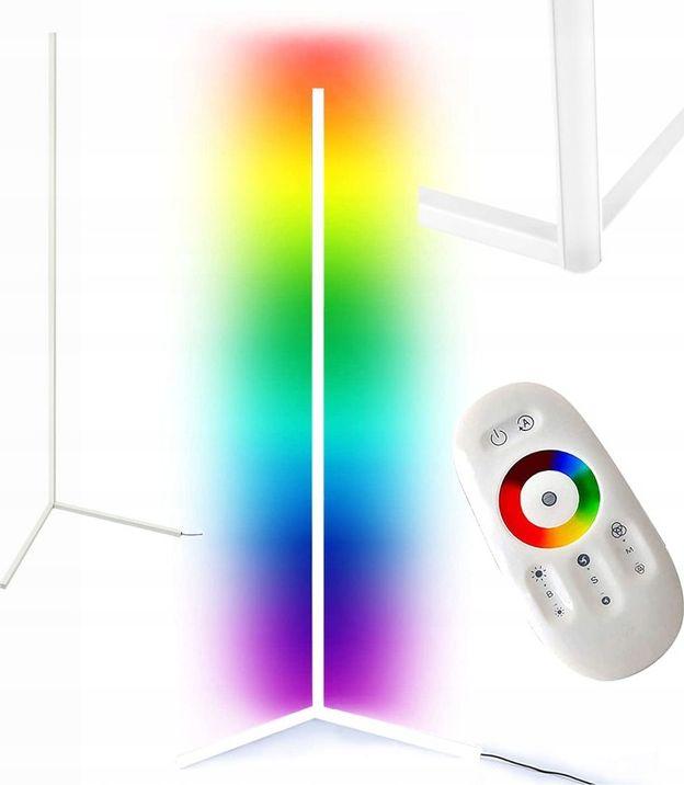 Tredemølle gulvlampe Mozos LC-RGB i hvit med RGB-lys og fjernkontroll, sett forfra.