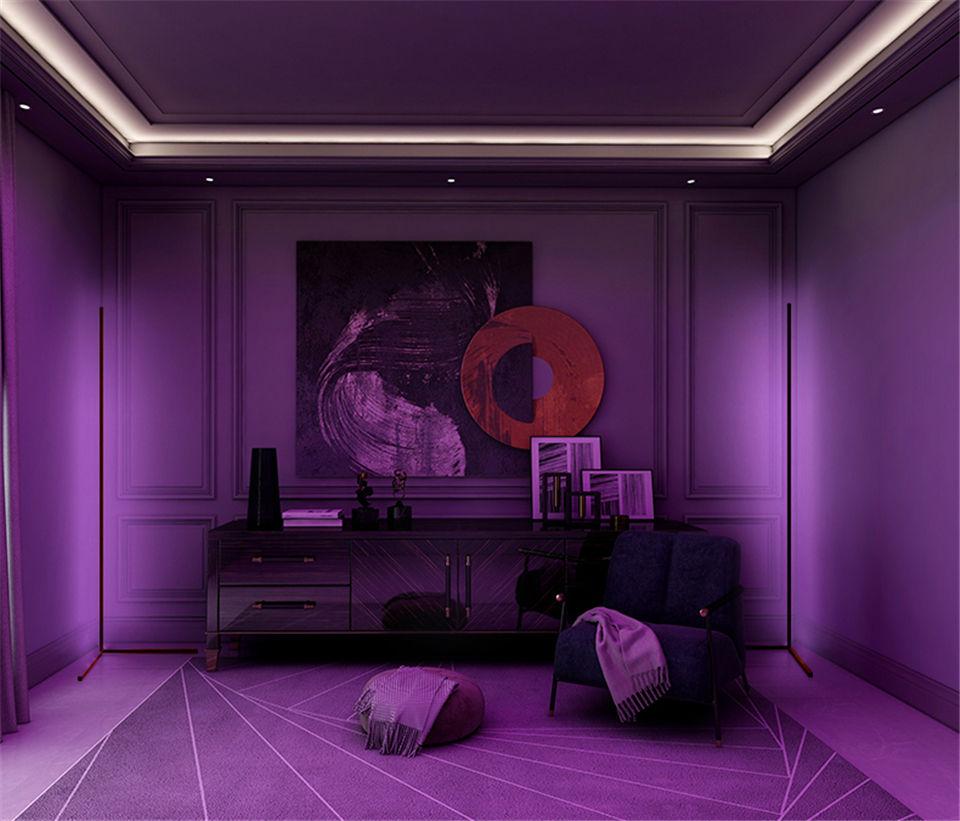 Sammenleggbar tredemølle gulvlampe Mozos LC-RGB i hvitt, opplyser moderne stue i lilla toner.