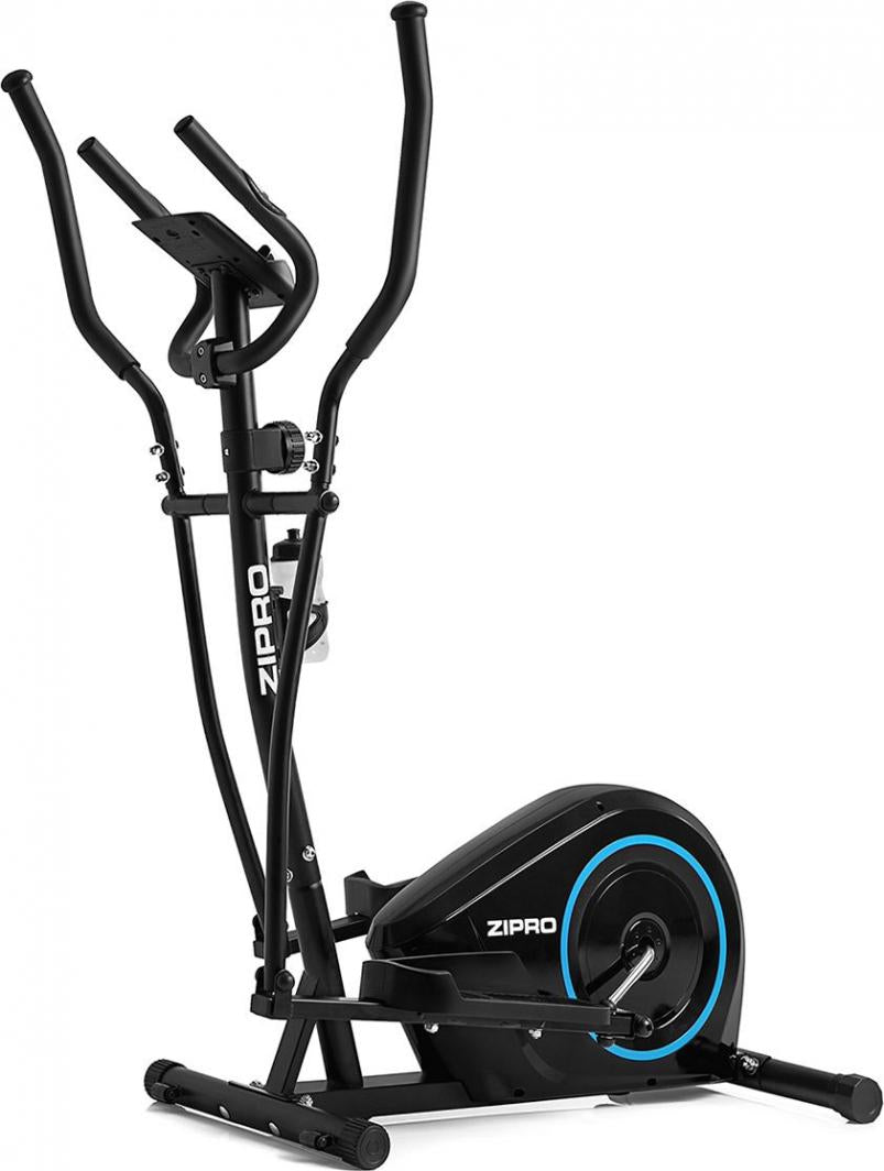 Crosstrainer i svart med blå detaljer, sett forfra skrått, store håndtak, pedaler og Zipro-logo synlig.