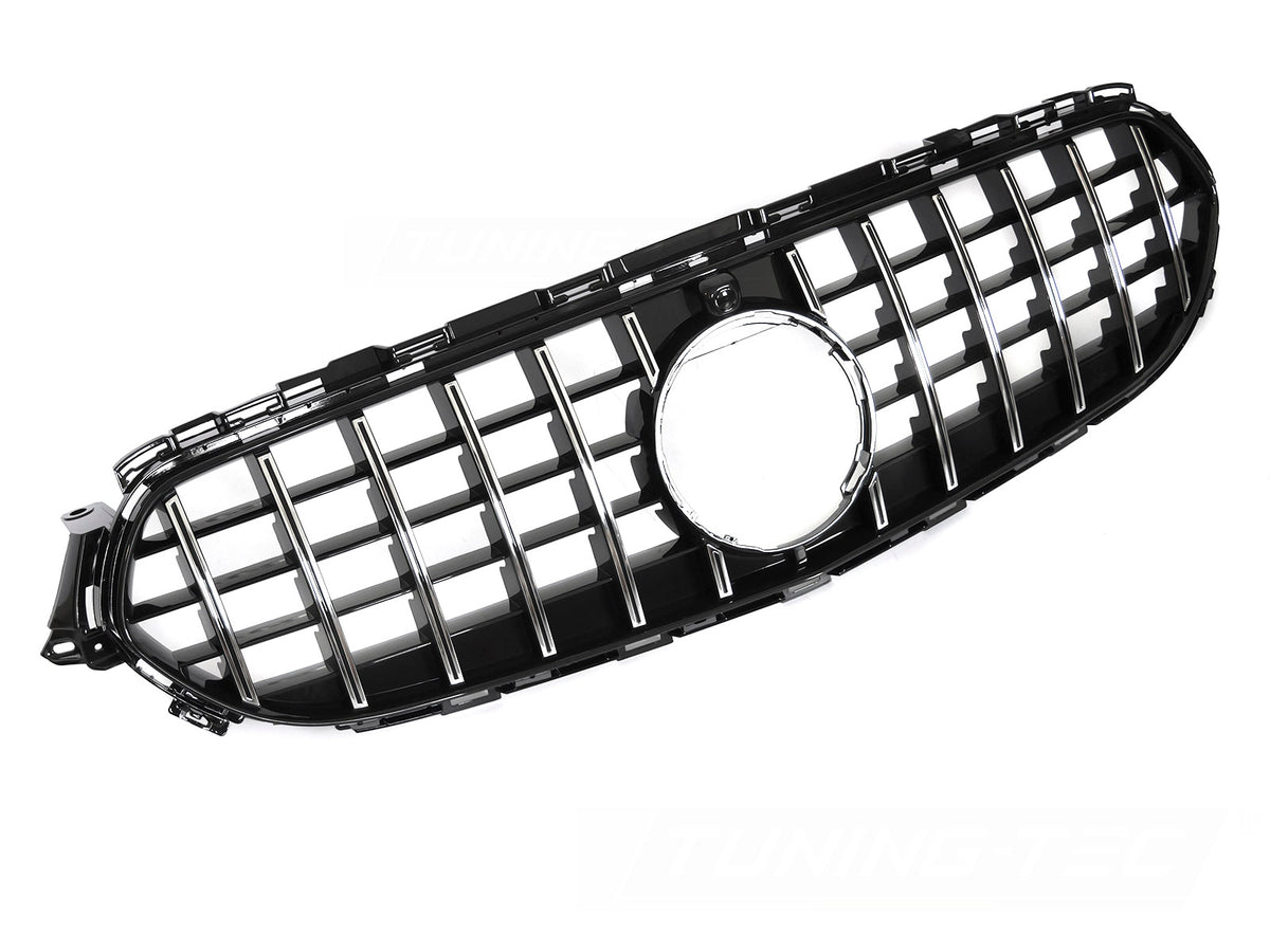 Grill til Mercedes E-Klasse W213/S213 20-23 i krom/sort sett rett forfra på hvit bakgrunn.