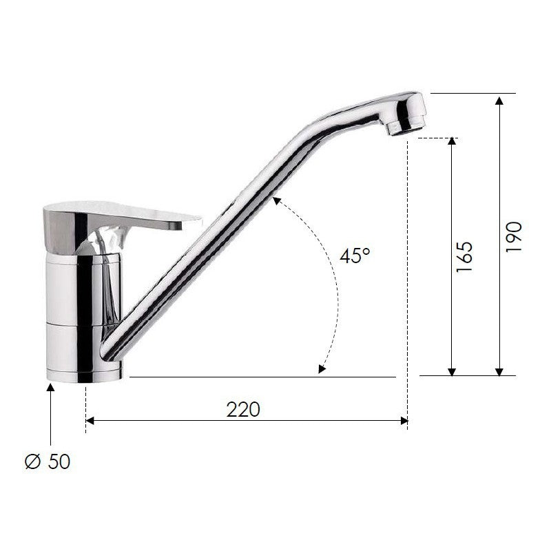 Daniel Omega OM629CR kjøkkenbatteri med ettgreps betjening i kromfinish, sidevisning