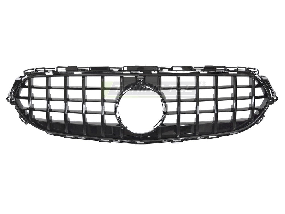 Detaljbilde av Grill E-Klasse W213 20-23 sort med lamellstruktur og emblemfeste.