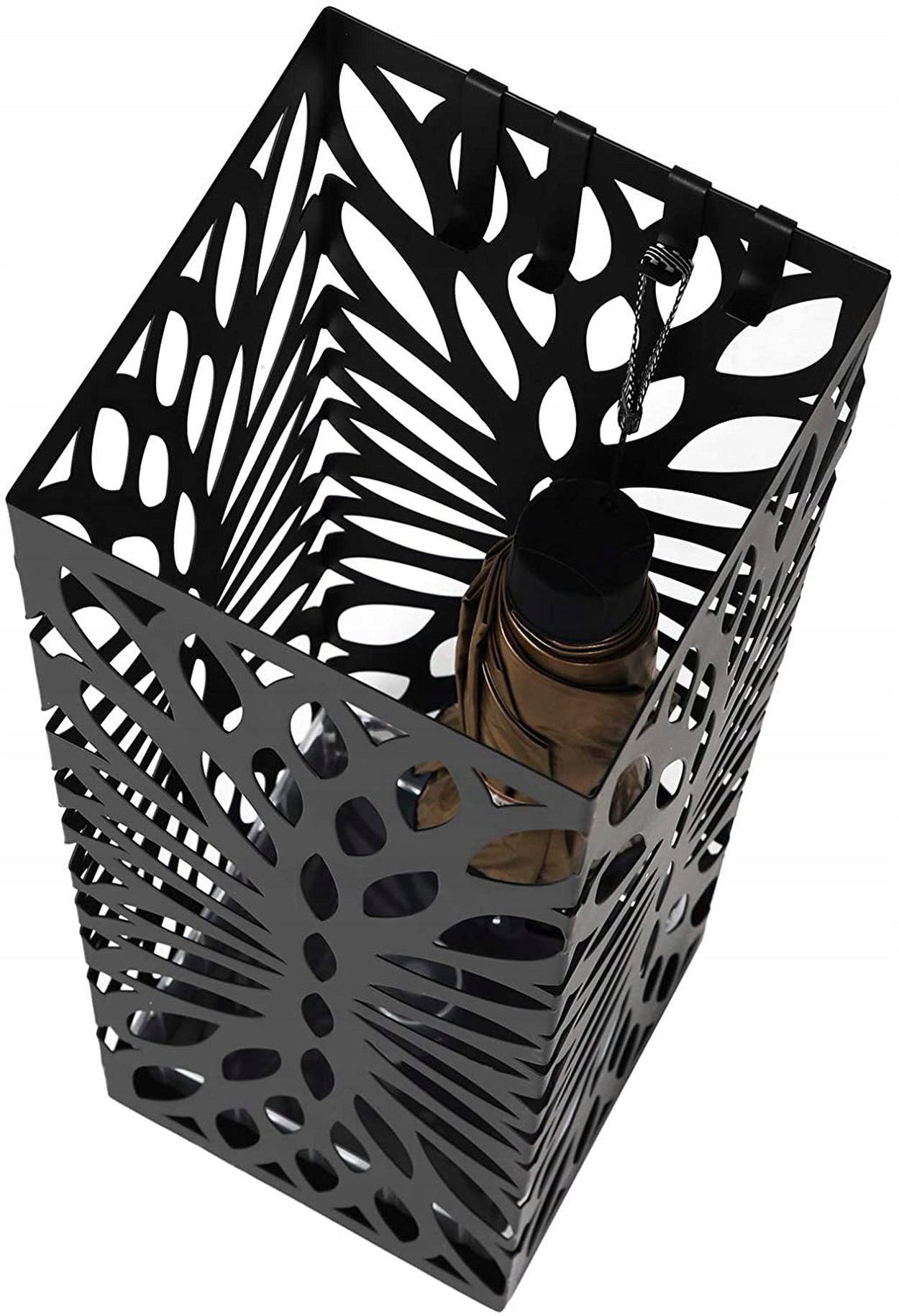 Svart Metall Paraplyholder Med Gjennombrutt Design Og Dryppskål i Loft-stil