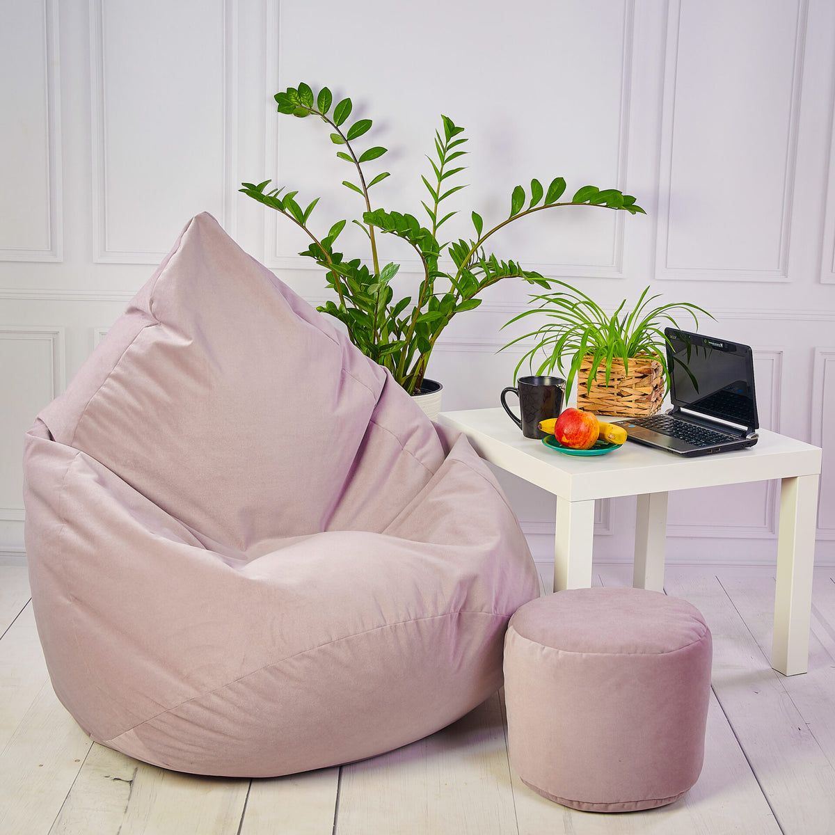 Sakkosekk Fluff plysj rosa med puff – Cronen sidevisning