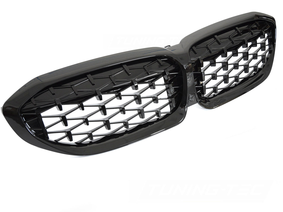 Diamond Black grill montert på BMW 3-serie G20 Sedan sett forfra