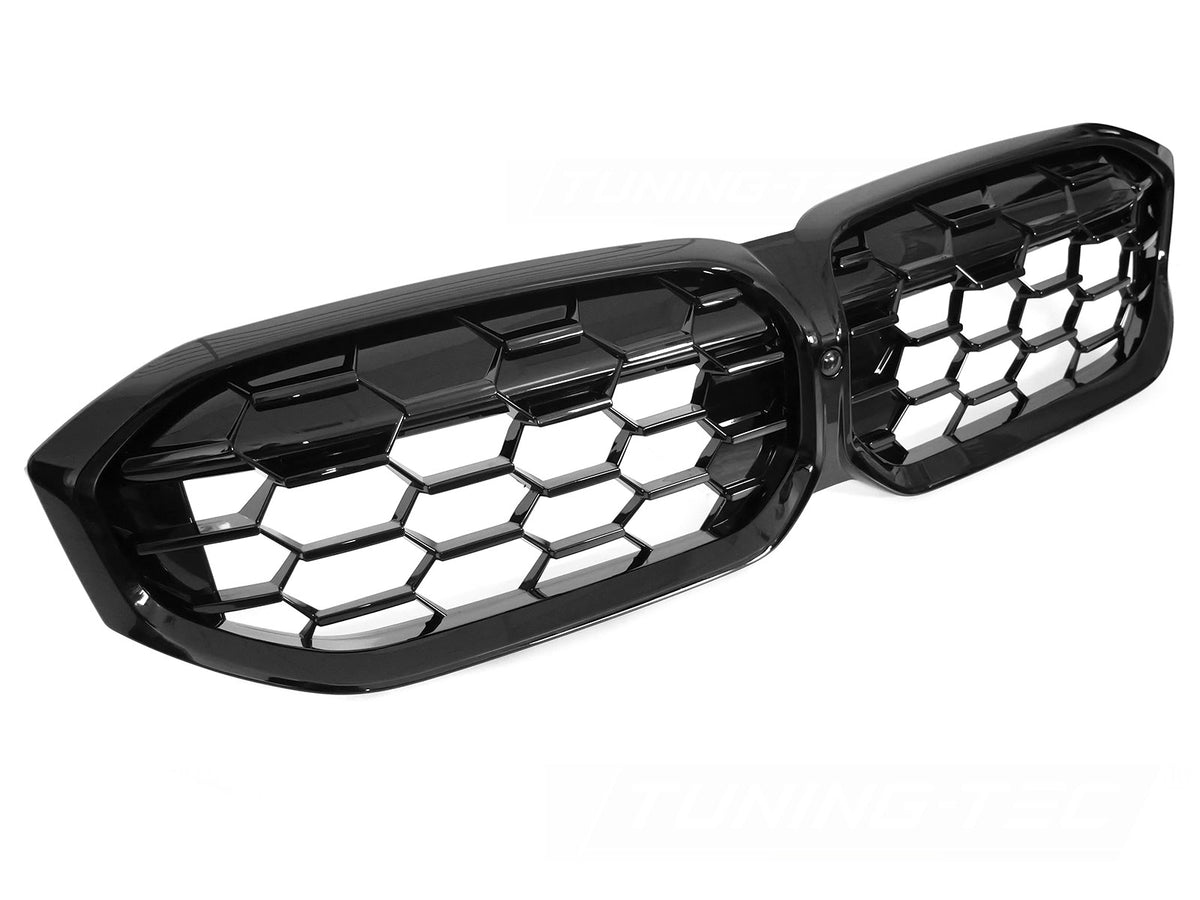 Diamond Black grill montert på BMW 3-serie G20 Sedan LCI 2022– sett forfra
