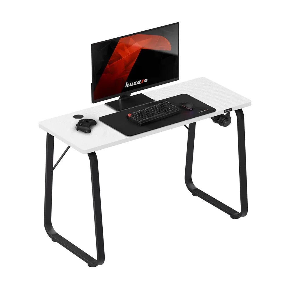 Huzaro Hero 1.5 hvitt gamingbord 120 cm, sett forfra mot hvit bakgrunn