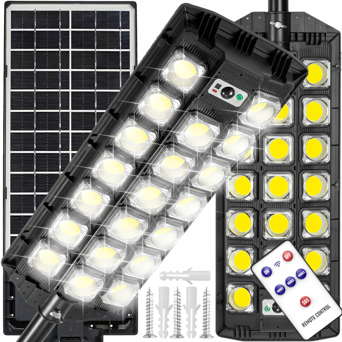 Solcellelampe 1600W med bevegelsessensor og skumringssensor + fjernkontroll
