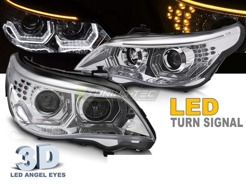 Frontlykter BMW 5-Serie E60 E61 03-10 Angel Eyes LED 3D Krom fra Tuning-Tec