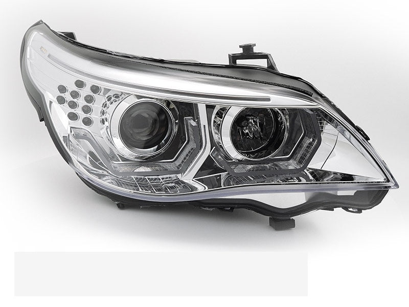 BMW E60 E61 Frontlykter med 3D LED Angel Eyes i krom utførelse