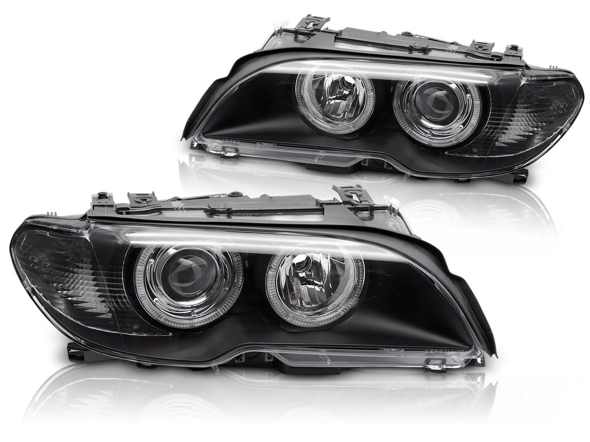 Xenon frontlykter med Angel Eyes svart hus til BMW E46 Coupe Cabrio sett forfra