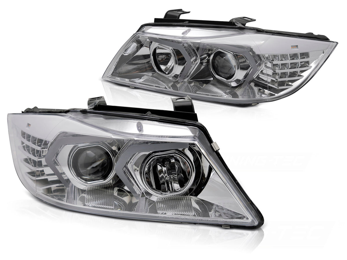 Frontlykter LED krom BMW E90 E91 2005–2008 sett forfra med LED-lys