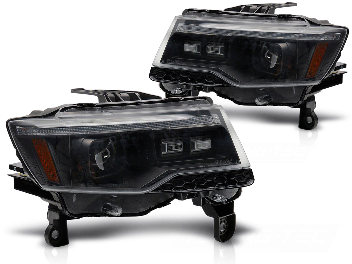 Frontlykter Jeep Grand Cherokee WK2 2014-2021 svart hus med LED tube light sett forfra