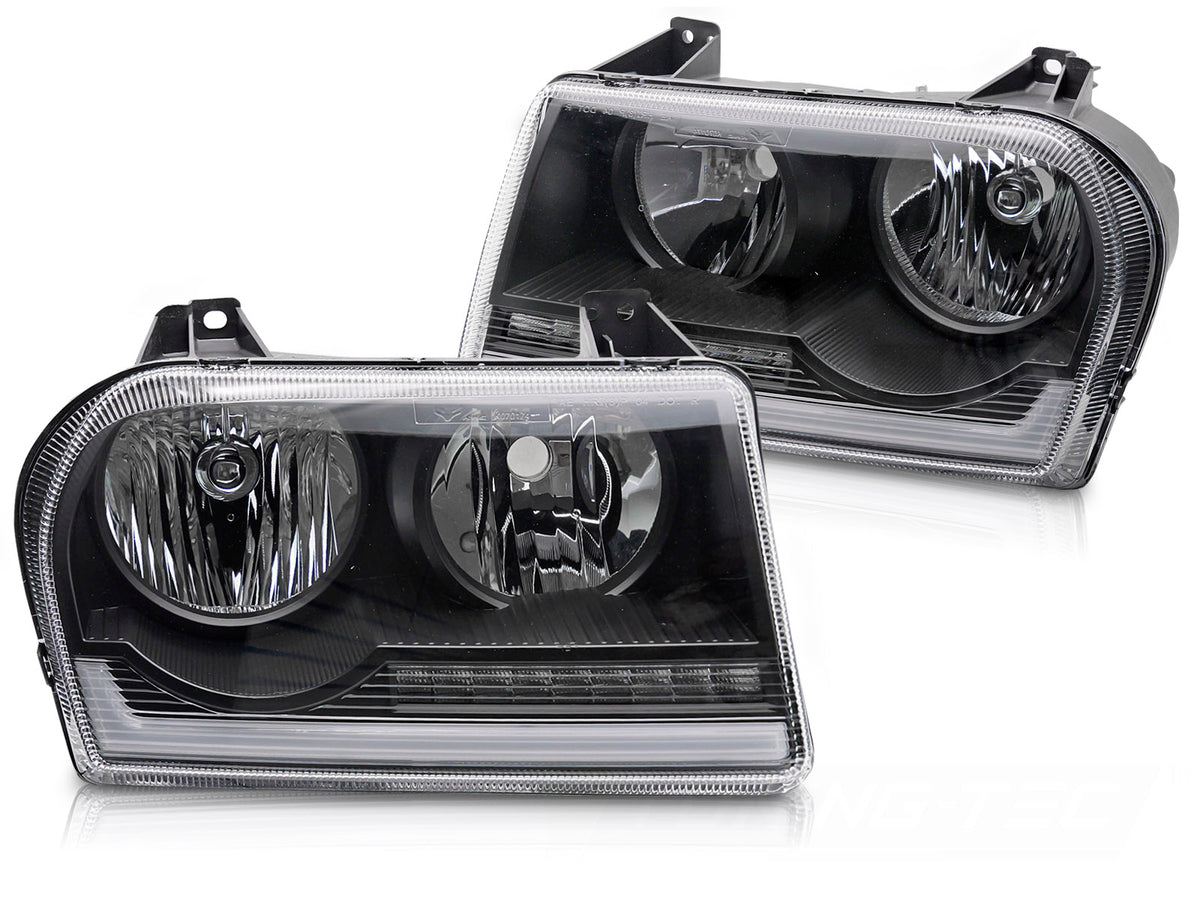 Frontlykter Chrysler 300 2005-2008 Tube Light svart hus sett forfra