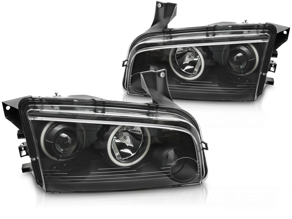 Frontlykter Angel Eyes Dodge Charger LX 2006–2010 svart hus med lysringer sett forfra