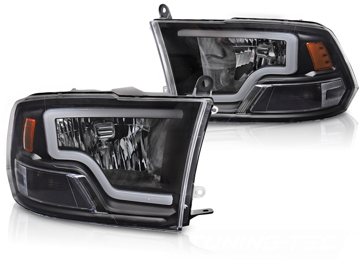 Frontlykter Dodge Ram 2009-2018 tube light svart hus med LED-lysstripe sett forfra