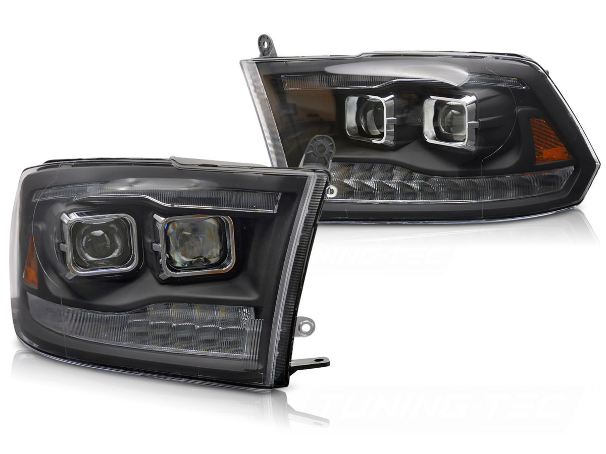 Frontlykter Dodge Ram 2009-2018 Double Black helsvart hus sett forfra