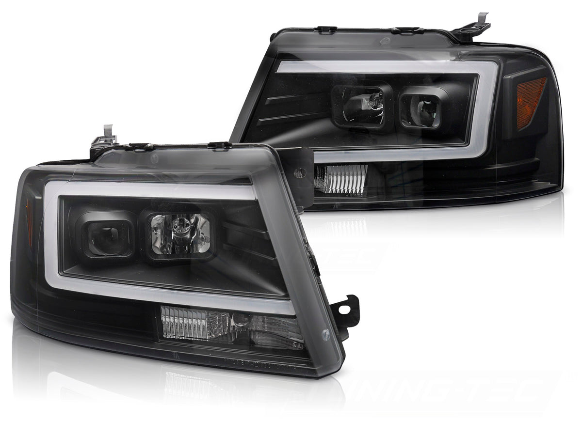 Frontlykter Ford F150 2004-2008 Tube LED svart hus sett forfra