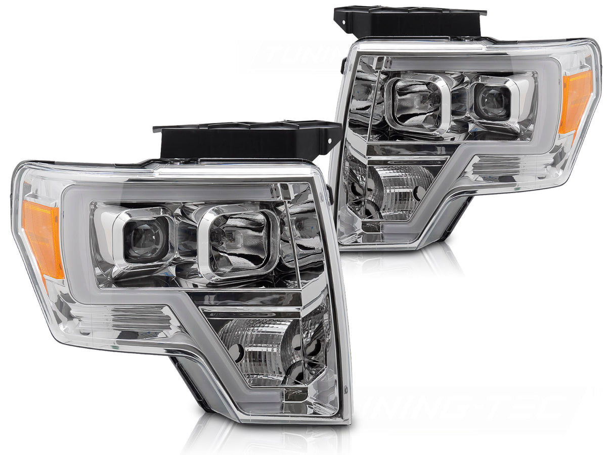 Frontlykter Ford F150 MK12 2008–2014 Tube Light krom innfatning sett forfra