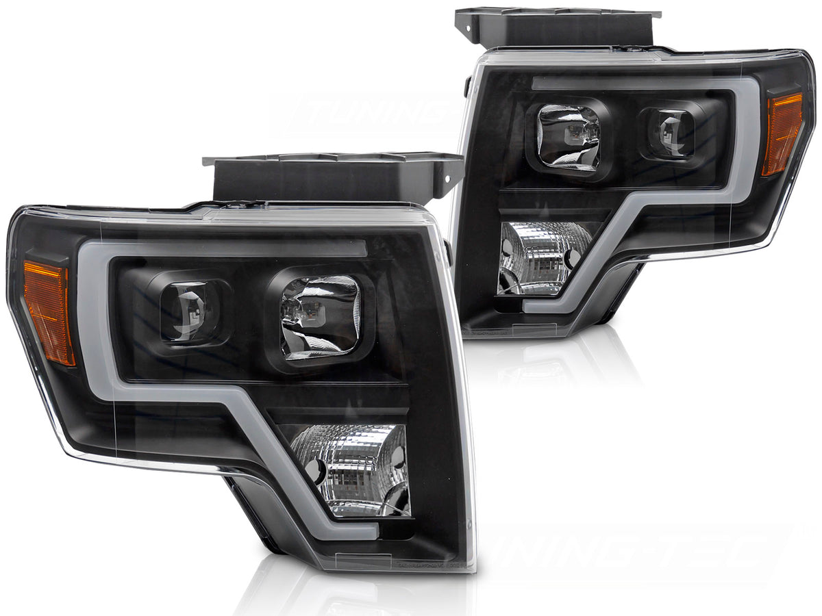 Frontlykter Ford F150 MK12 2008–2014 tube light svart hus sett forfra