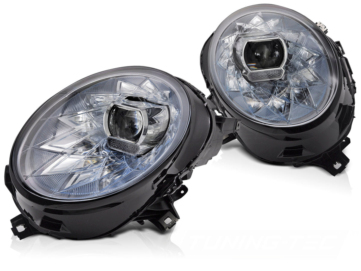 Full LED frontlykter til BMW MINI Cooper F56 sett forfra med tent LED-nærlys