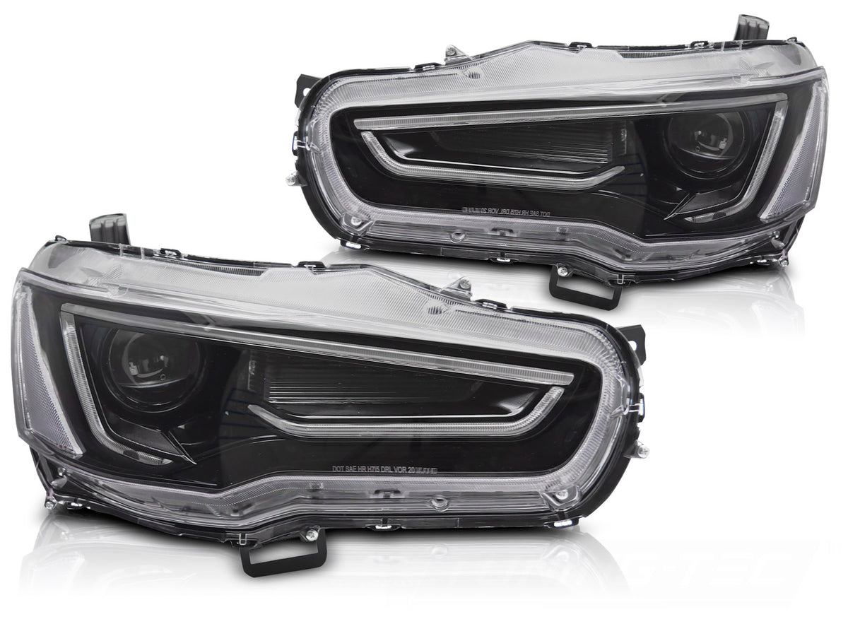 Frontlykter Mitsubishi Lancer 2008-2016 Tube Light svart hus sett forfra