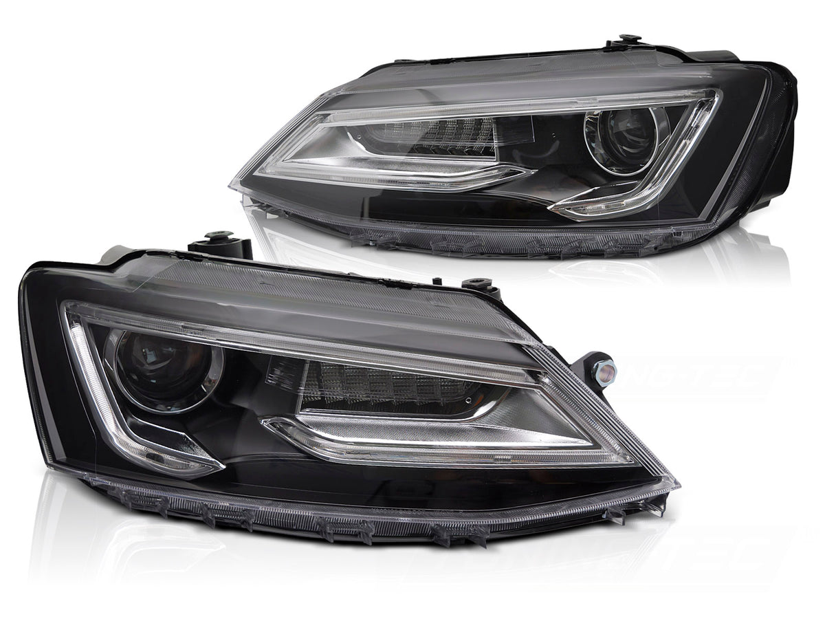 Frontlykter Tube Light svart til VW Jetta VI 2011–2018 sett forfra