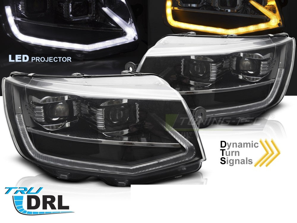 Frontlykter Volkswagen T6 15-24 LED Tube Light svart med sekvensiell blink fra Tuning-Tec