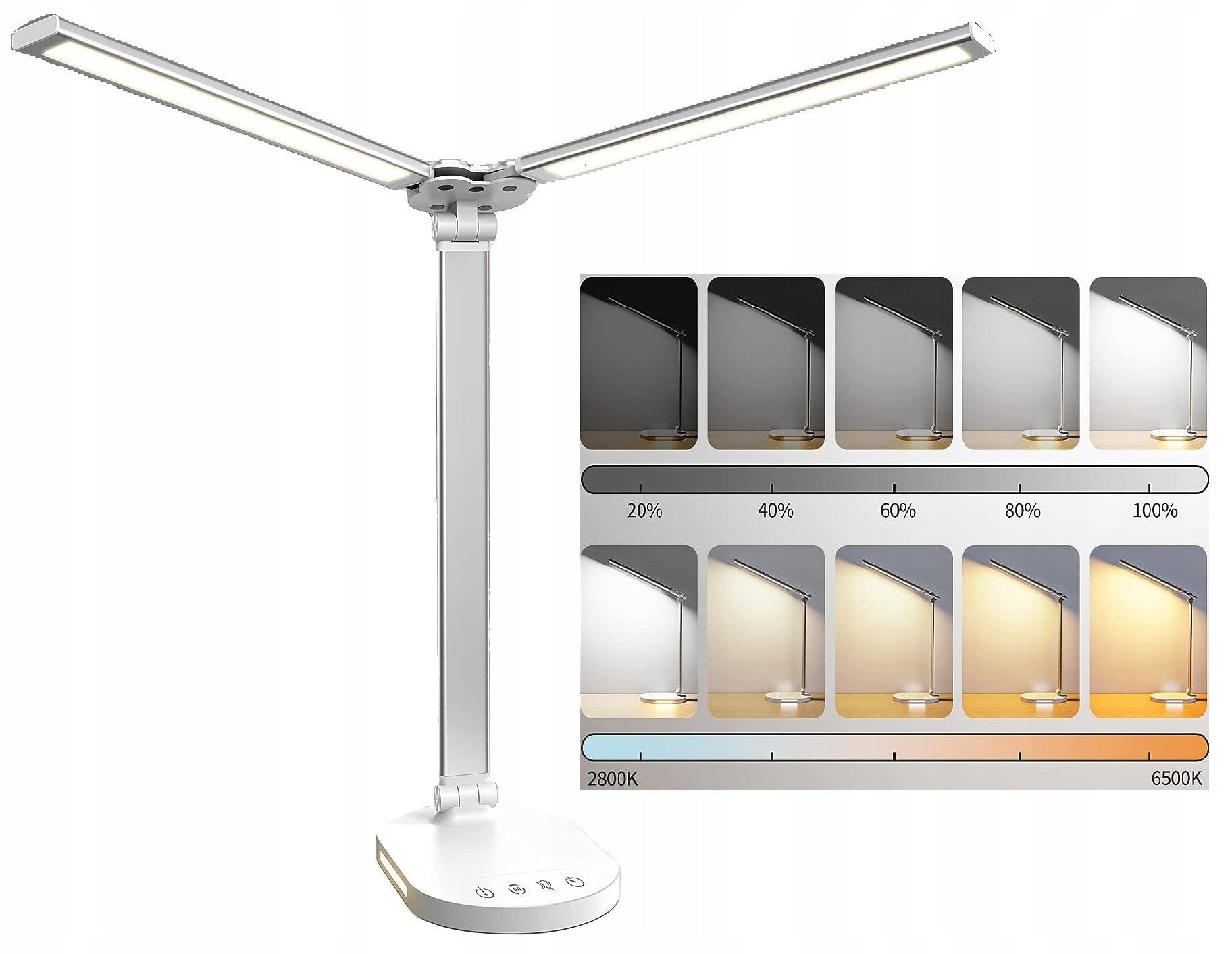 LED-skrivebordslampe med dobbel styrke og lader, hvit, kontrollerbar