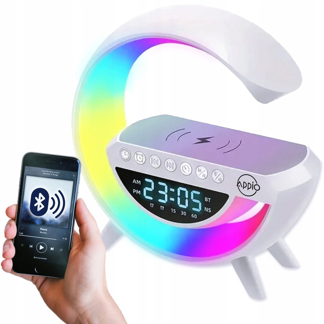 LED-Skrivebordslampe med Bluetooth-høyttaler, Induksjonslader, Klokke og FM-Radio