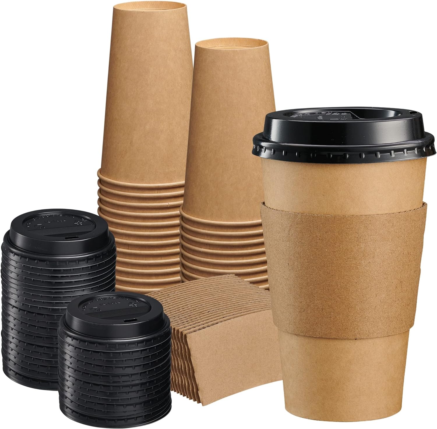 Takeaway kaffesett, Kraft papirkopper med lokk og sleeves, 400ml, 100stk
