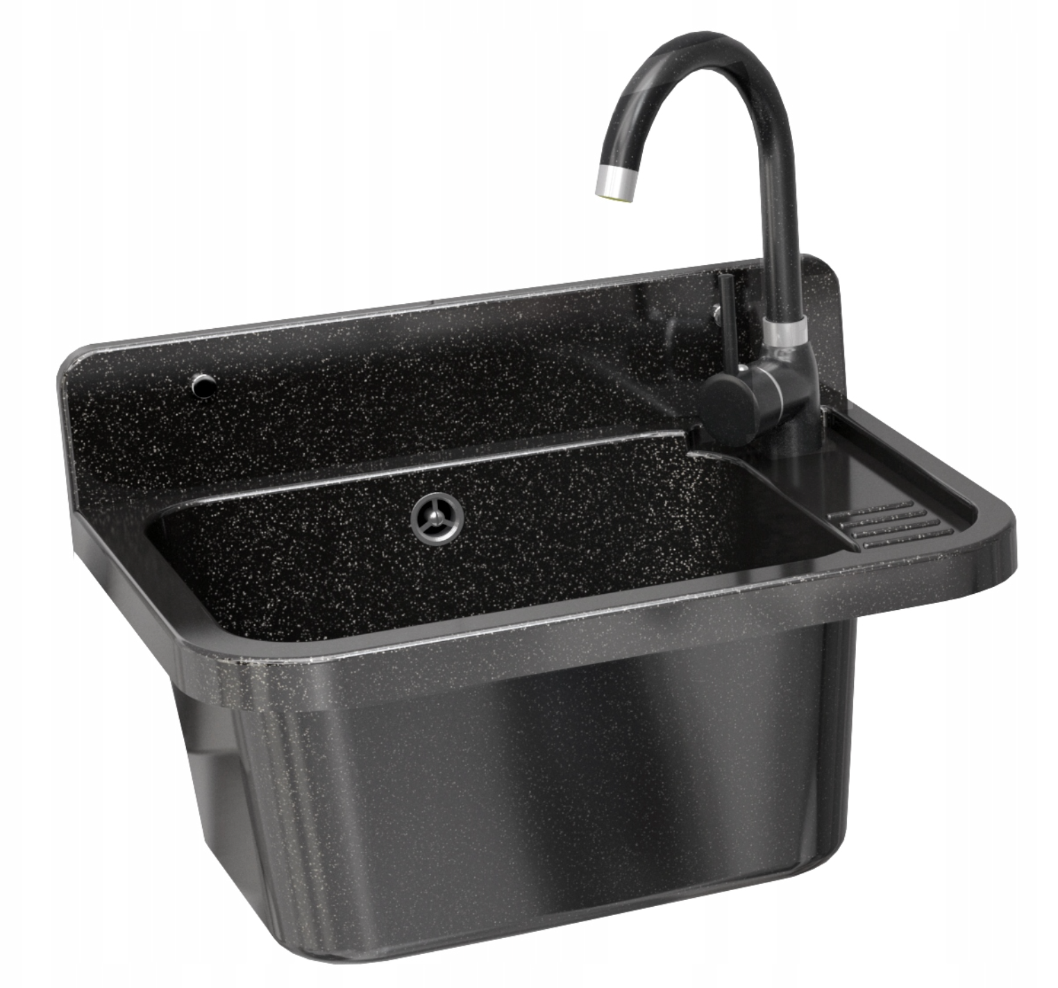 Verkstedvask Svart Marmor 50x34 cm med Kjøkkenbatteri og Sifon – Komplett Sett