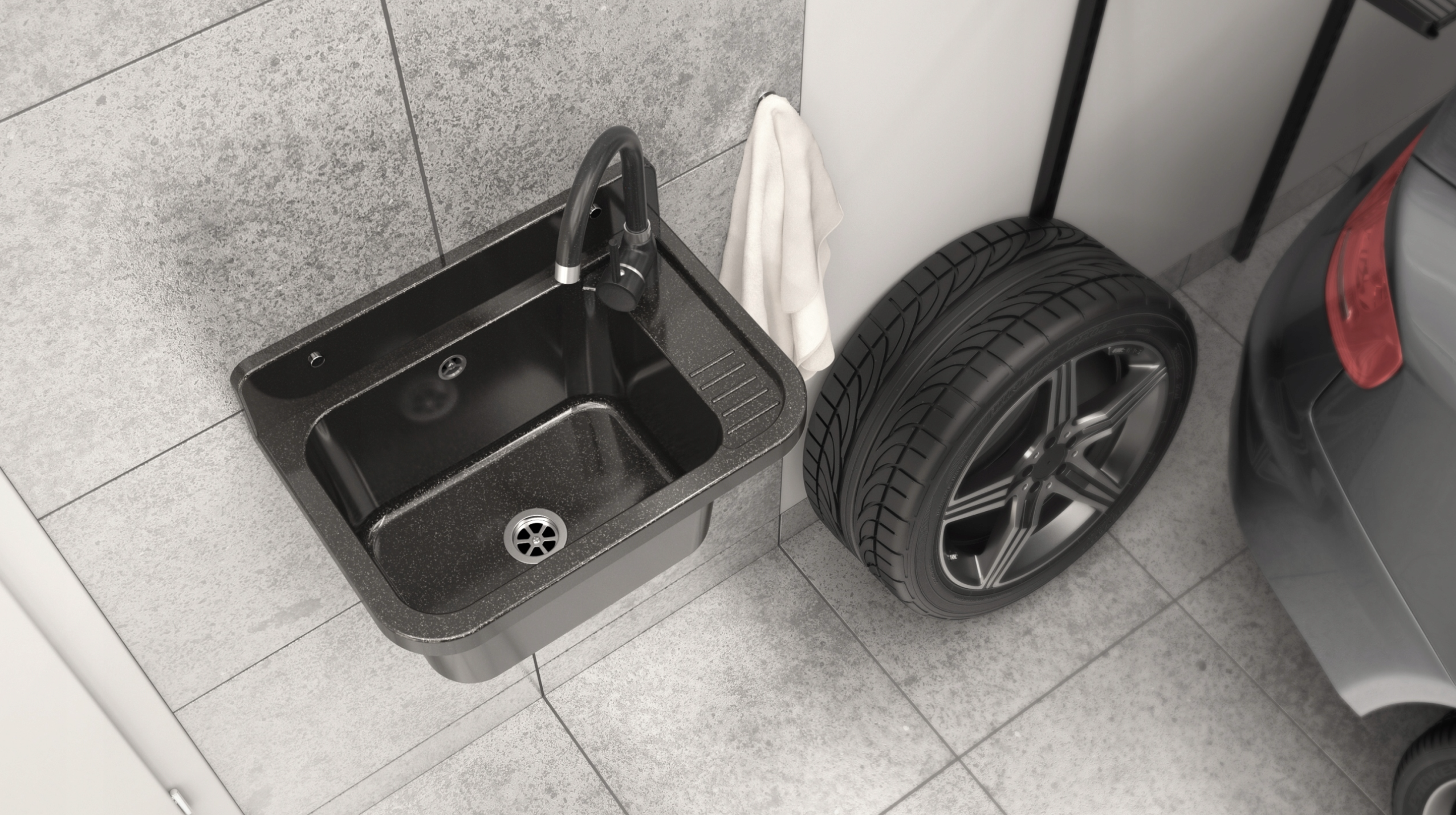 Verkstedvask Svart Marmor 50x34 cm med Kjøkkenbatteri og Sifon – Komplett Sett