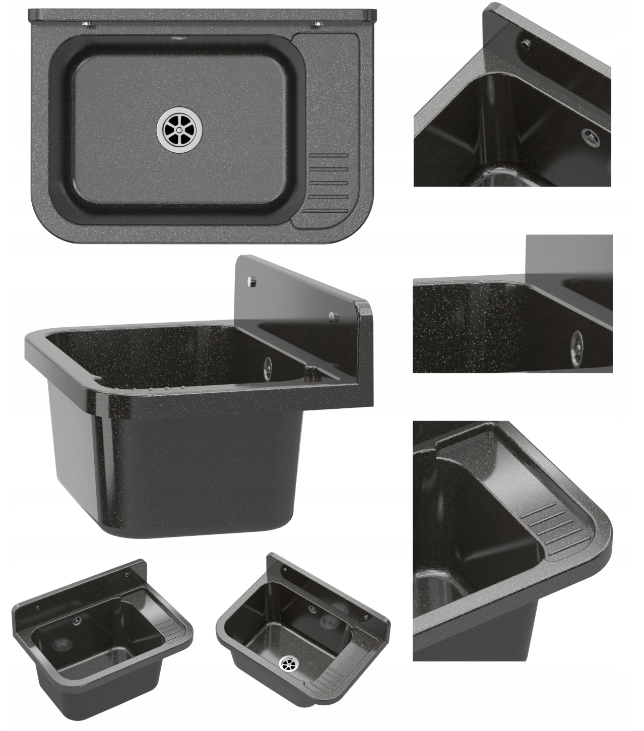 Verkstedvask Svart Marmor 50x34 cm med Kjøkkenbatteri og Sifon – Komplett Sett