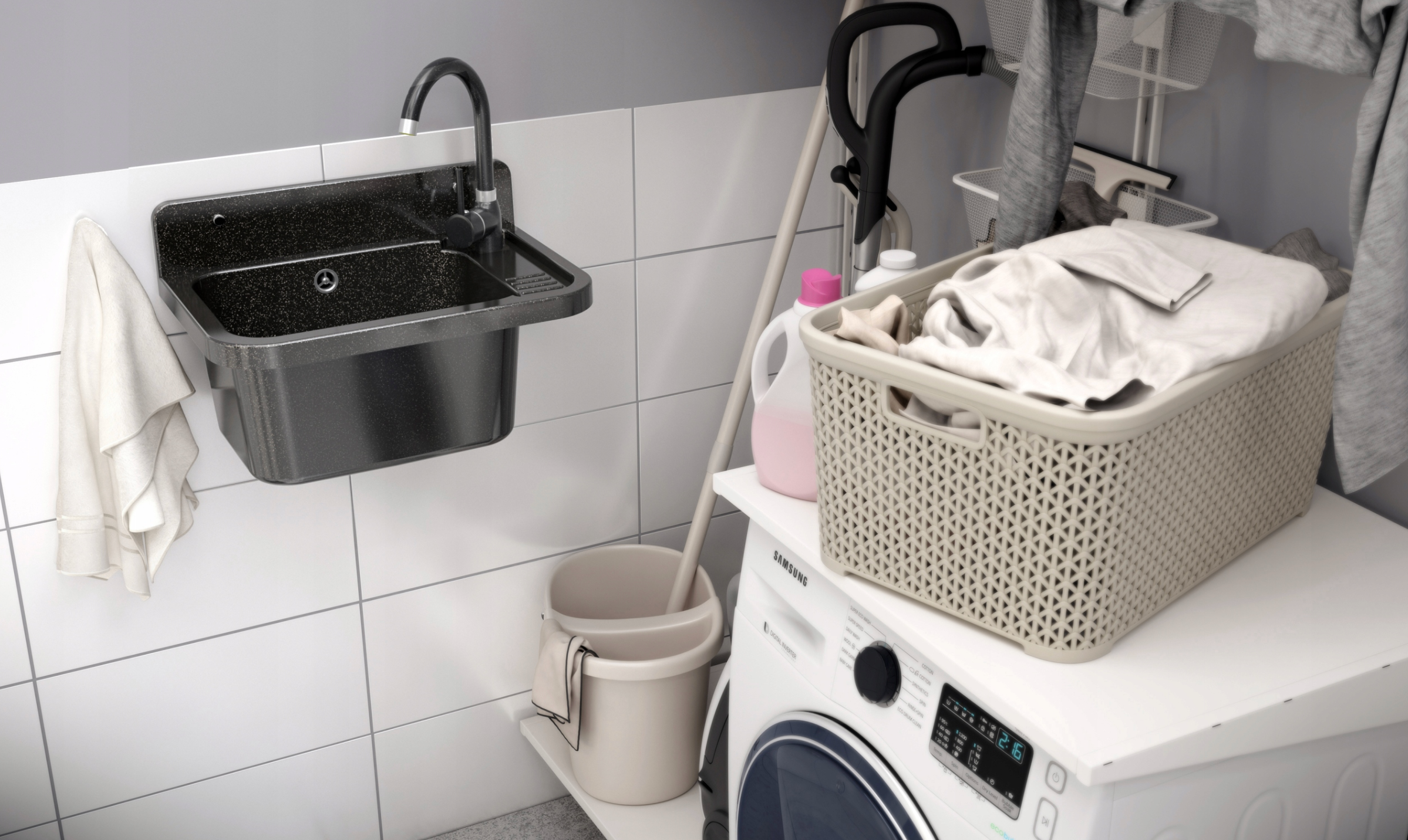 Verkstedvask Svart Marmor 50x34 cm med Kjøkkenbatteri og Sifon – Komplett Sett