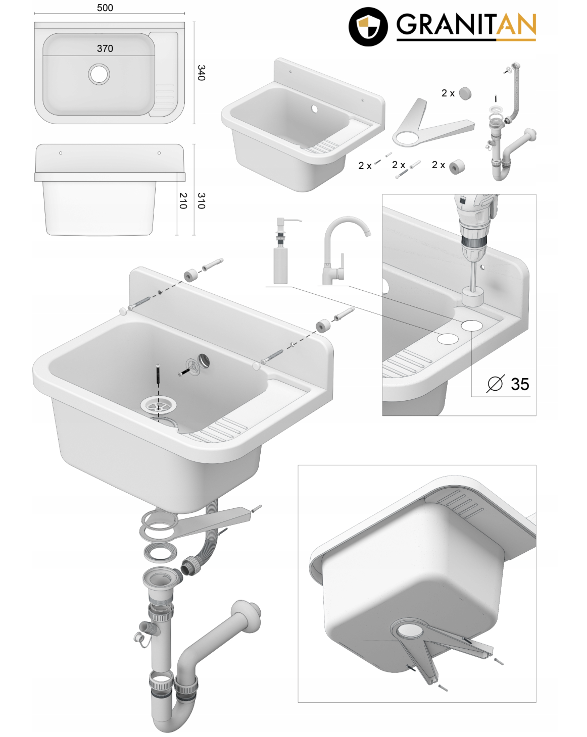 Verkstedvask Svart Marmor 50x34 cm med Kjøkkenbatteri og Sifon – Komplett Sett
