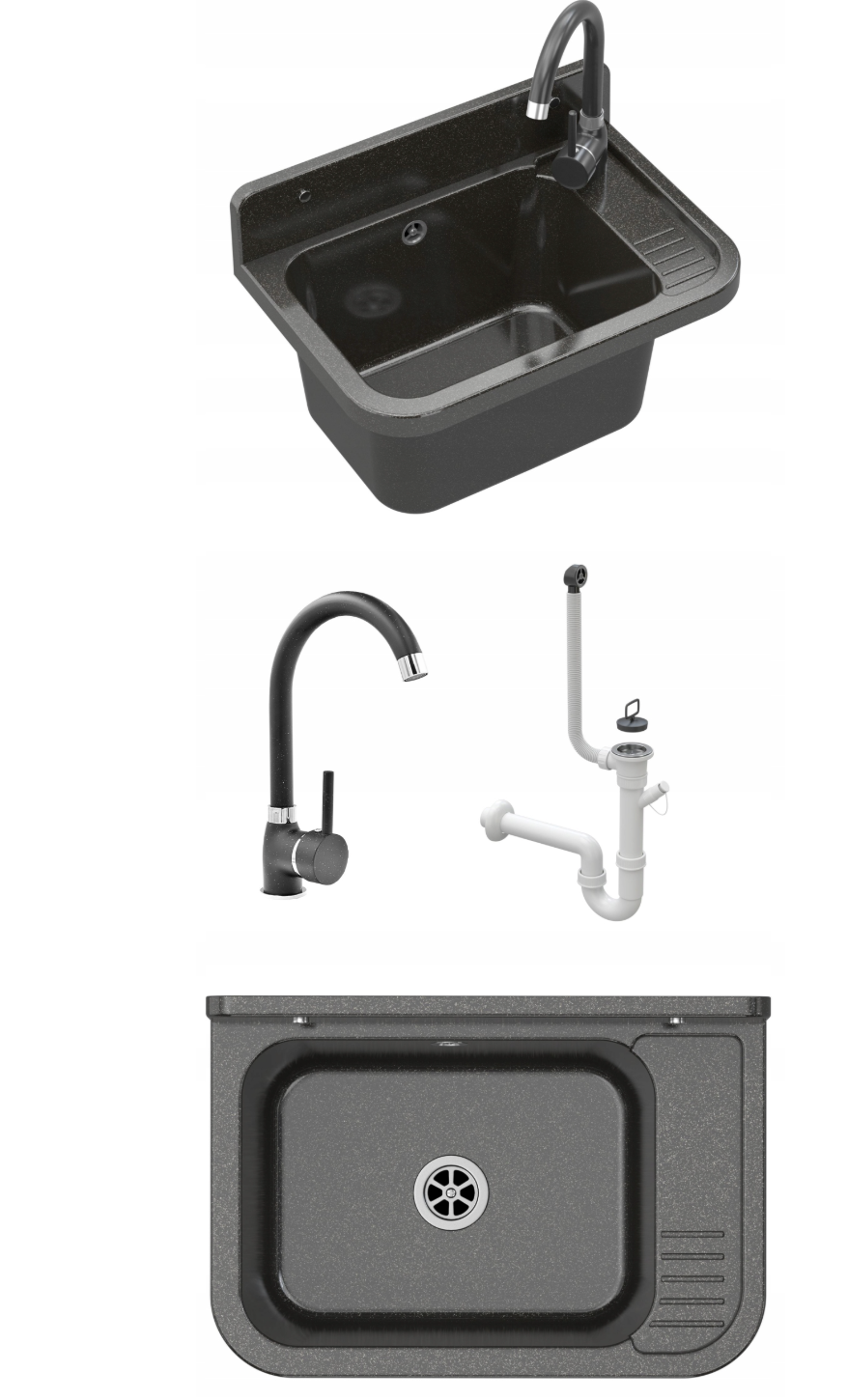 Verkstedvask Svart Marmor 50x34 cm med Kjøkkenbatteri og Sifon – Komplett Sett